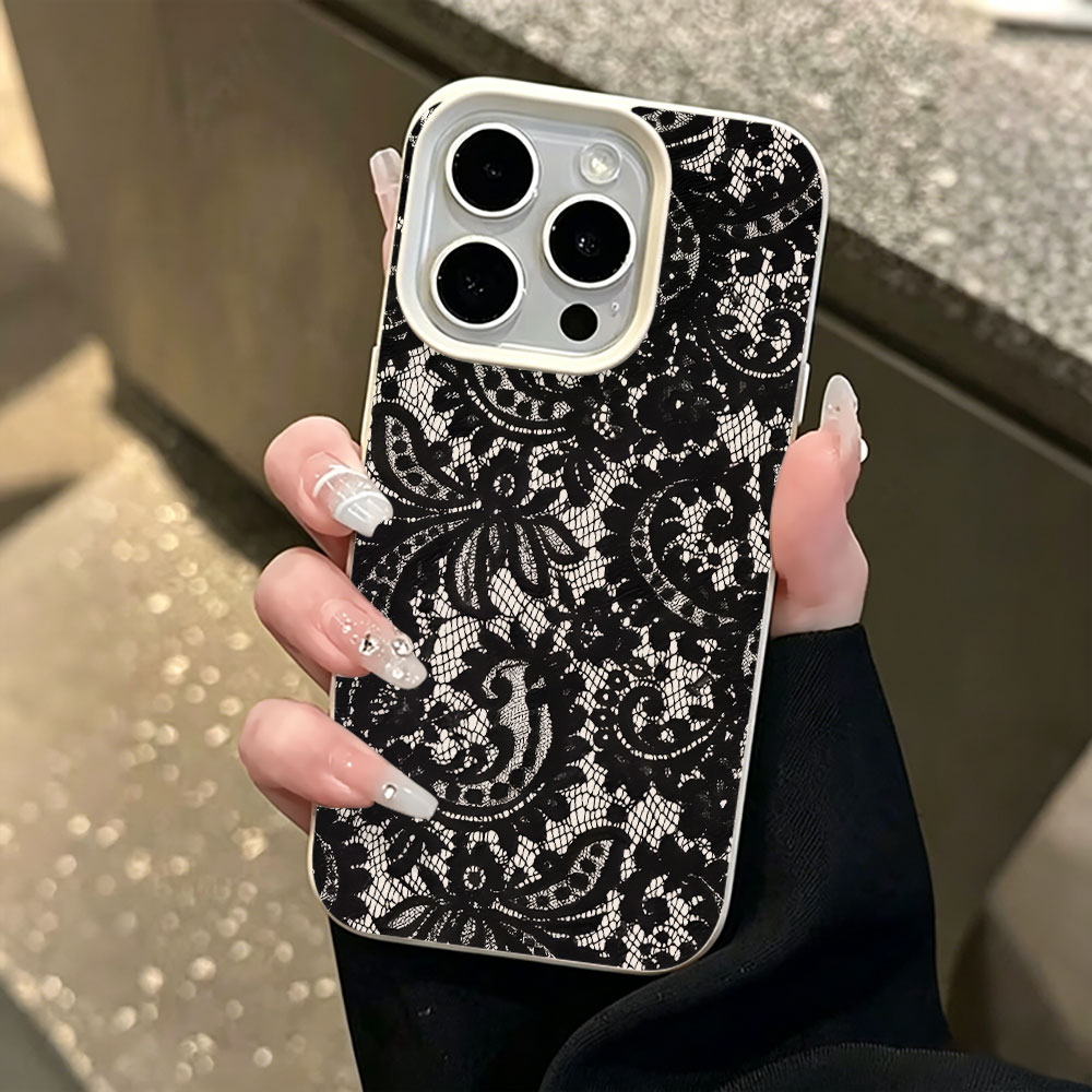 Vintage Floral Pattern Soft Case - Schwarze Vintage Blumen-Spitze Lychee-Muster Handyhülle für