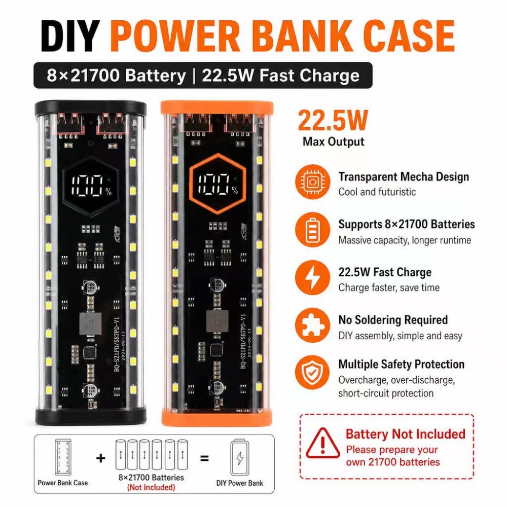 8*21700 Batteriegehäuse 22,5W  – Power Banks Bewertung und Preis